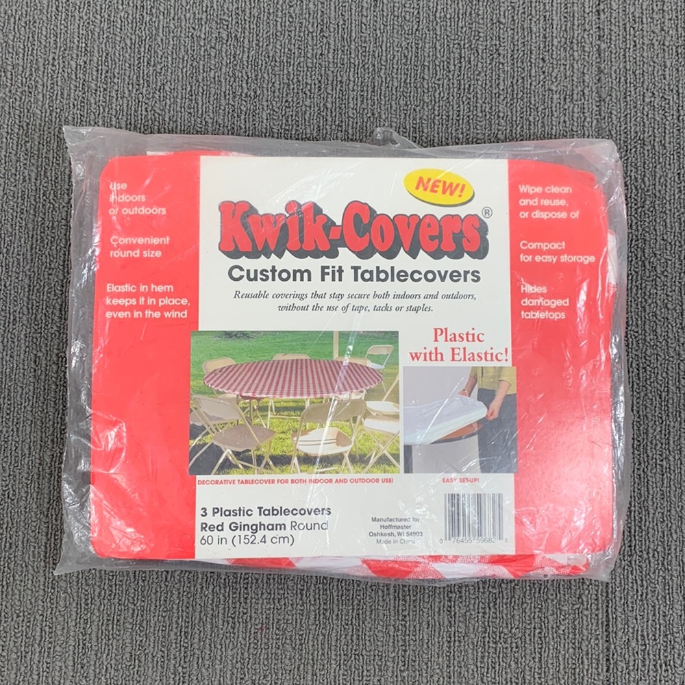 Kwik-Covers 2 Custom Fit Plastic Table covers Red Gingham Round Reusable 60 in.